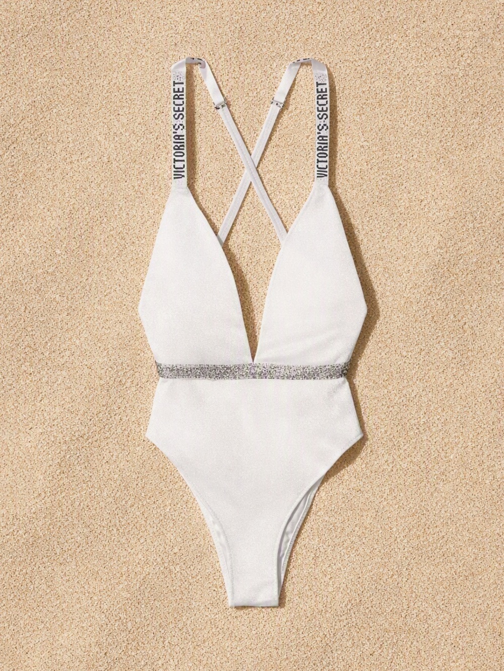 NWT Victoria Secret Rhinestones Shine Strap White Plunge Swimsuit Size XS